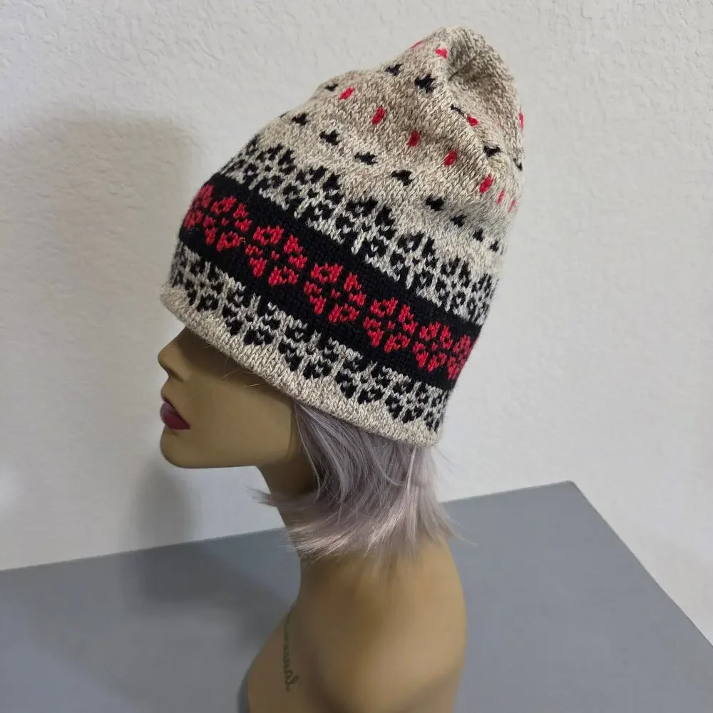 Wool Blend Fair Isle Knit Beanie Hat Brown Black Red Winter Ski Hat Made in USA